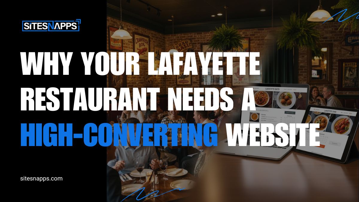 Lafayette restaurant website design showing online menu ordering and reservation system on laptop with Cajun food