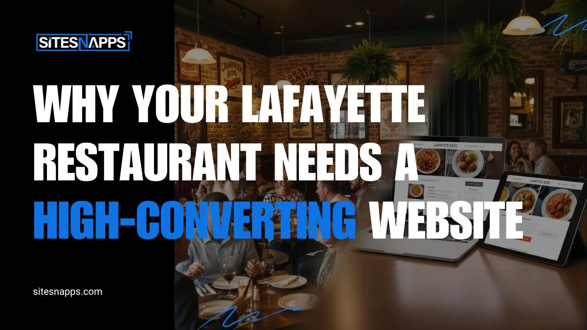 Lafayette restaurant website design showing online menu ordering and reservation system on laptop with Cajun food